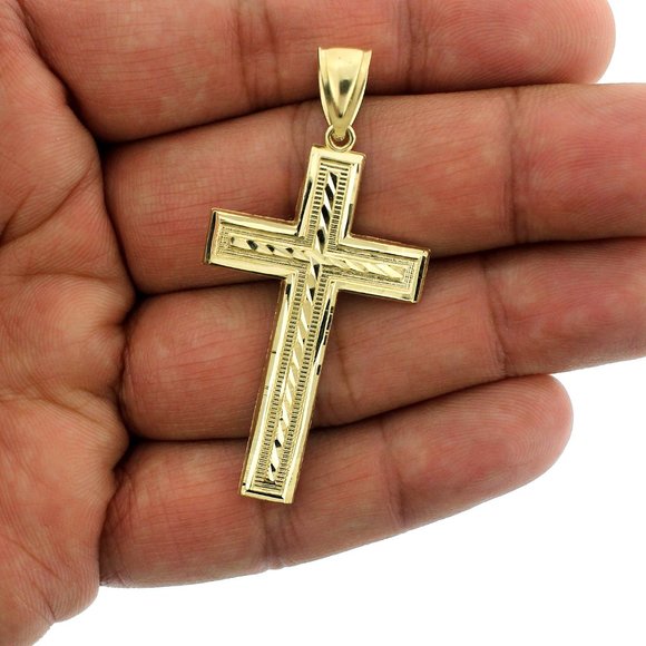 Real 10K Yellow Gold Large Diamond Cut Cross Pendant - Picture 3 of 5